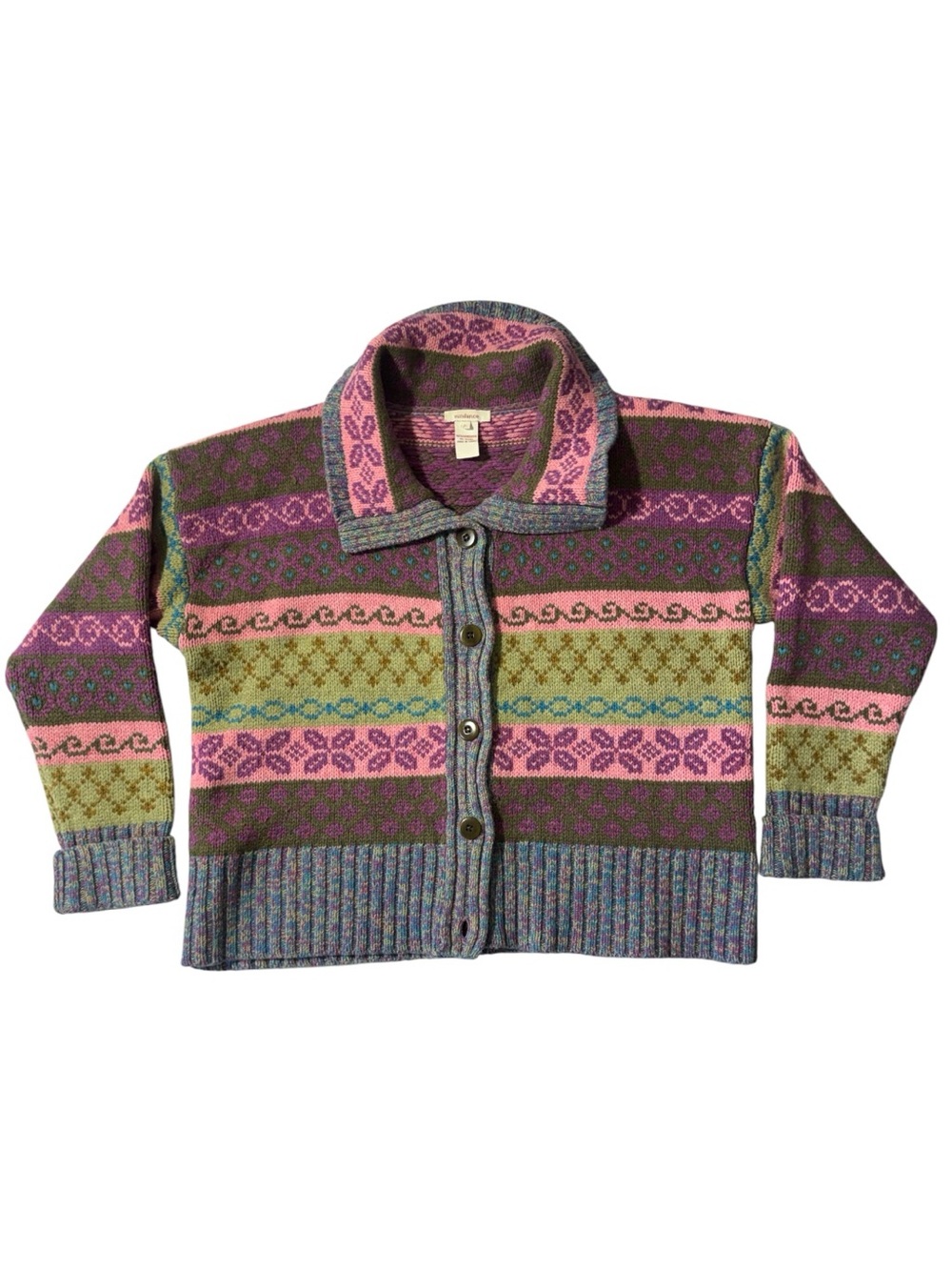 Sundance women’s L Laete pink green fair isle 100% lambswool button up sweater
